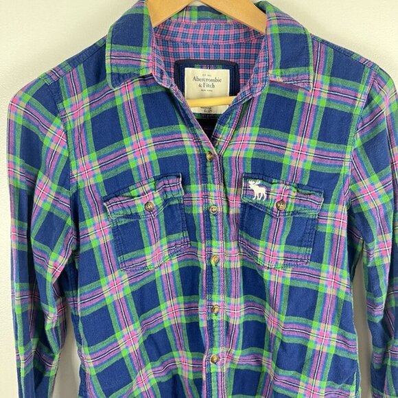ABERCROMBIE & FITCH Women’s S Blue Pink Plaid Button Up Shirt Y2K Preppy Fitted - Picture 2 of 7